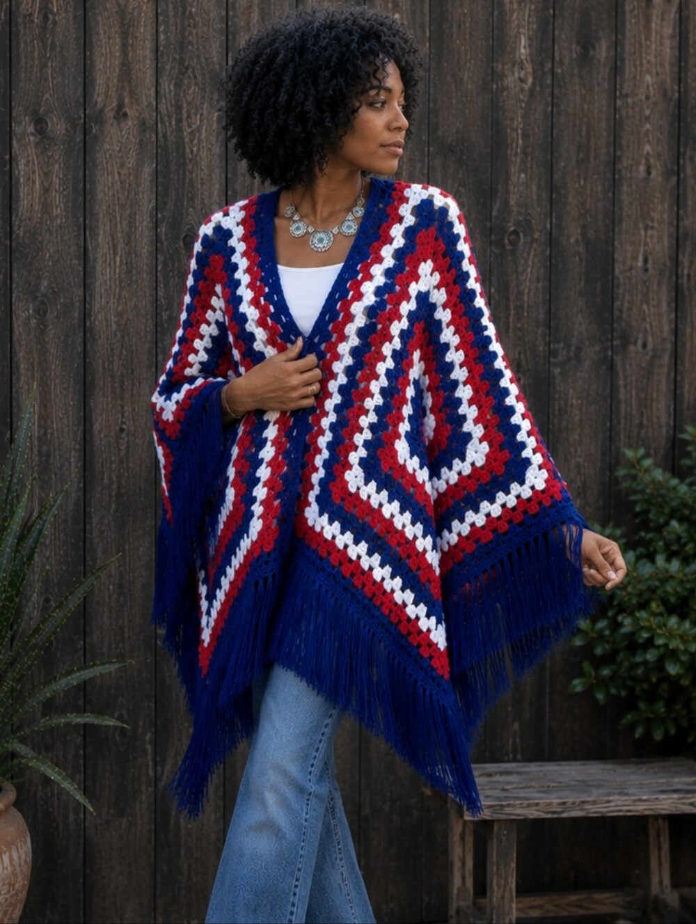 Handmade Crochet Poncho Shawl Red White Navy Blue Fringe Boho Granny Square